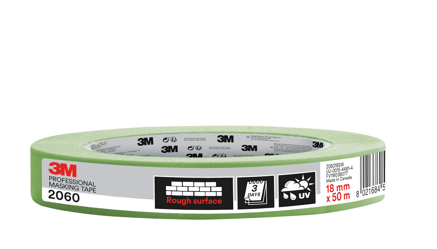3M - Nastro di mascheratura 3M™ 2060, per superfici ruvide, verde, 18mm x 50m, 1 Rotolo/Confezione