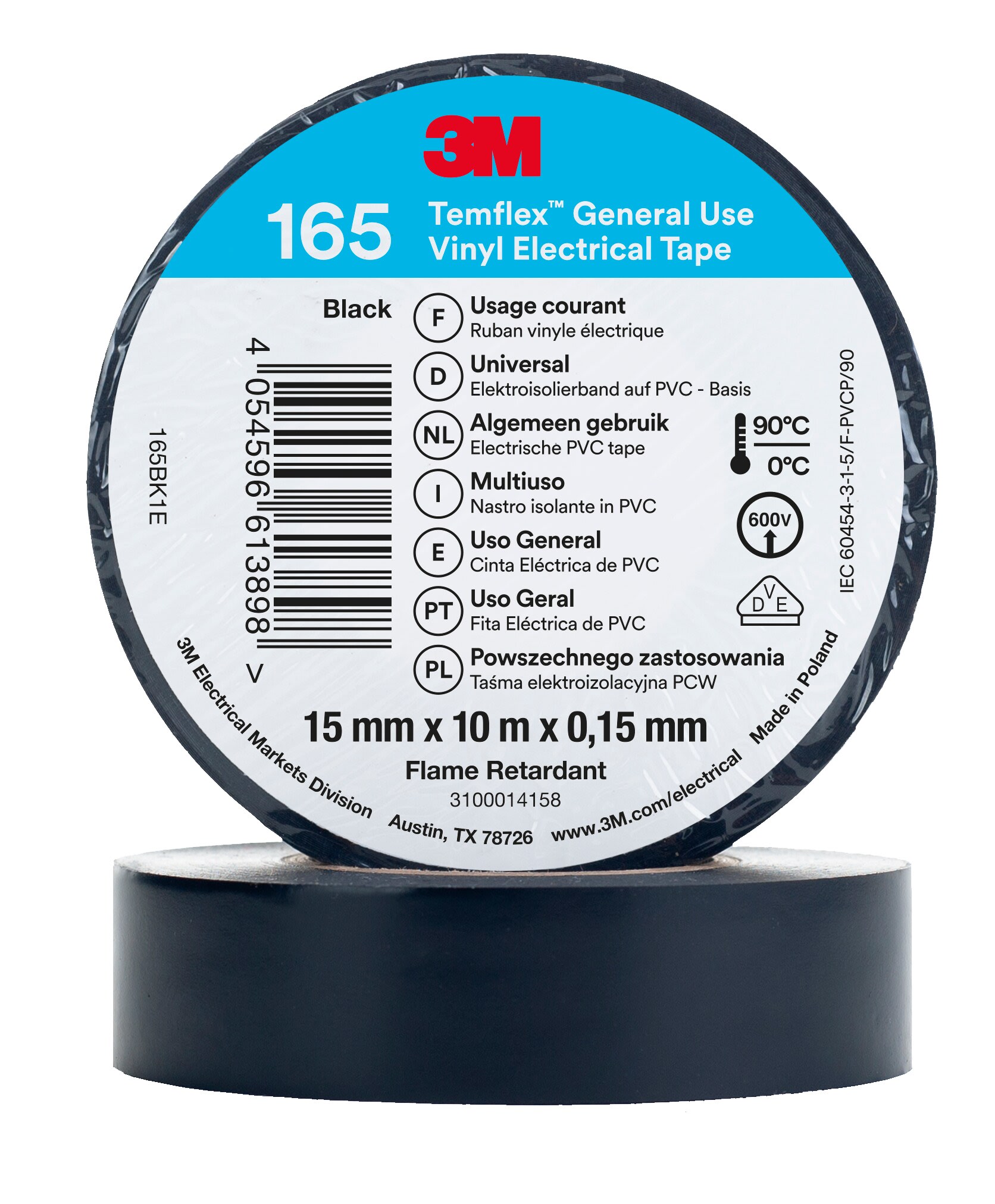 3M - 3M™ Temflex™ 165 Nastro isolante in vinile, Nero, 15 mm x 10 m