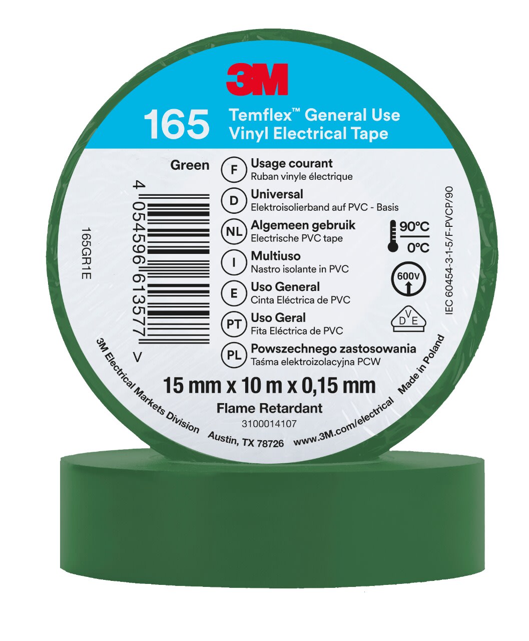 3M - 3M™ Temflex™ 165 Nastro isolante in vinile, Verde, 15 mm x 10 m