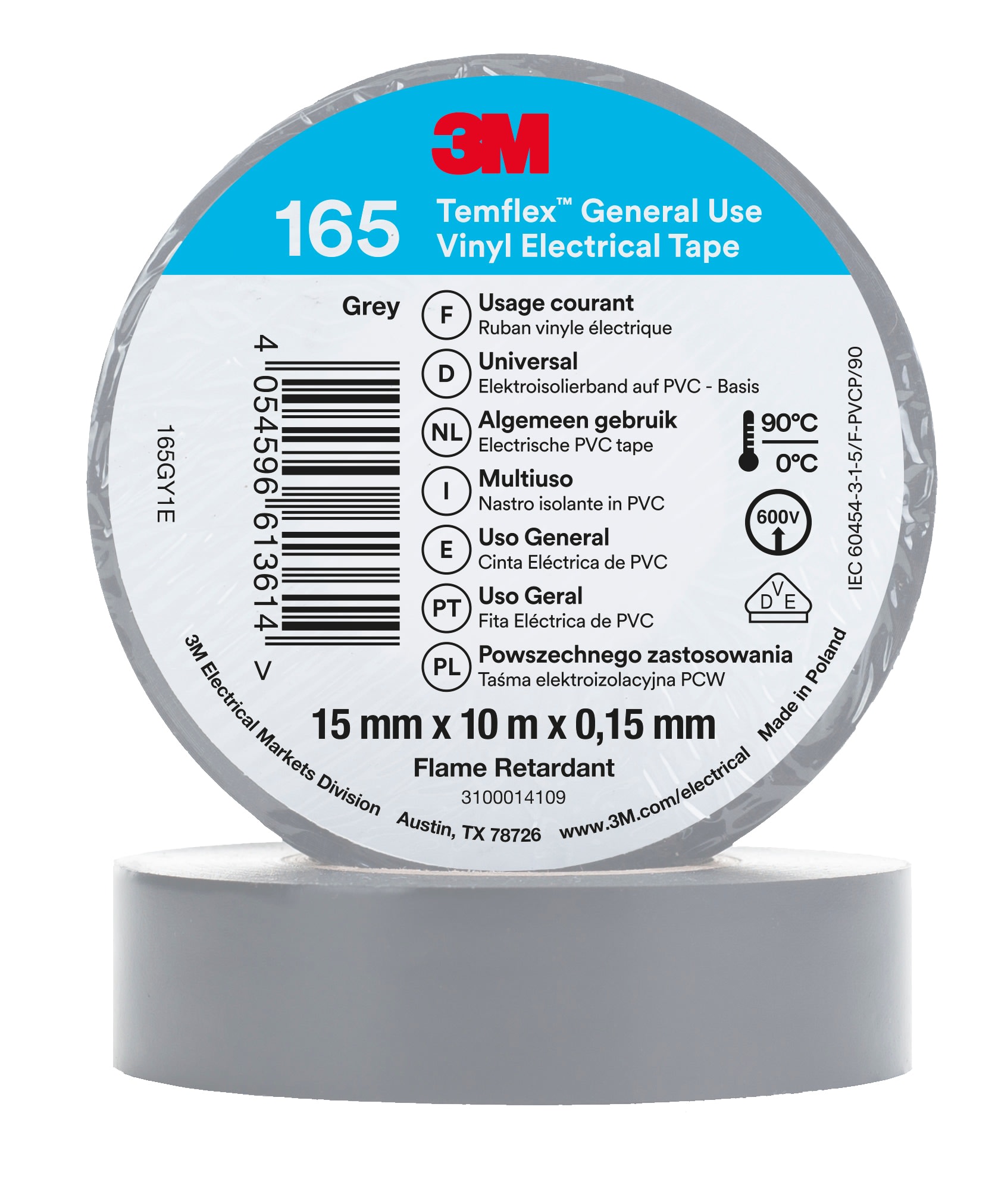 3M - 3M™ Temflex™ 165 Nastro isolante in vinile, Grigio, 15 mm x 10 m