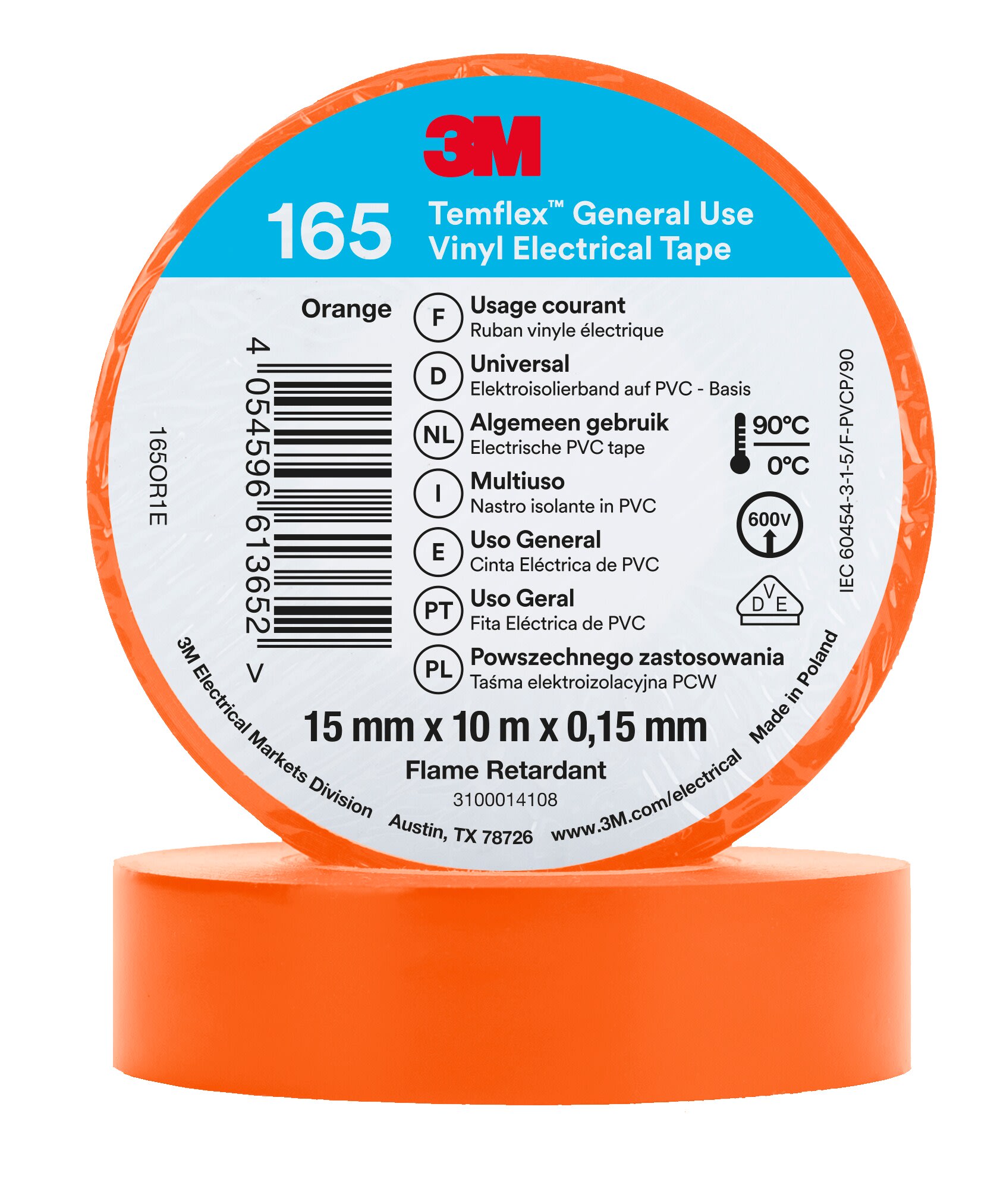3M - 3M™ Temflex™ 165 Nastro isolante in vinile, Arancione, 15 mm x  10 m