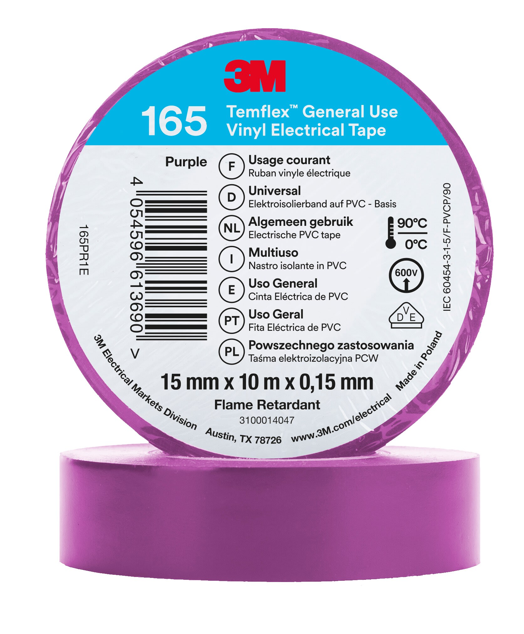 3M - 3M™ Temflex™ 165 Nastro isolante in vinile, Viola, 15 mm x 10 m