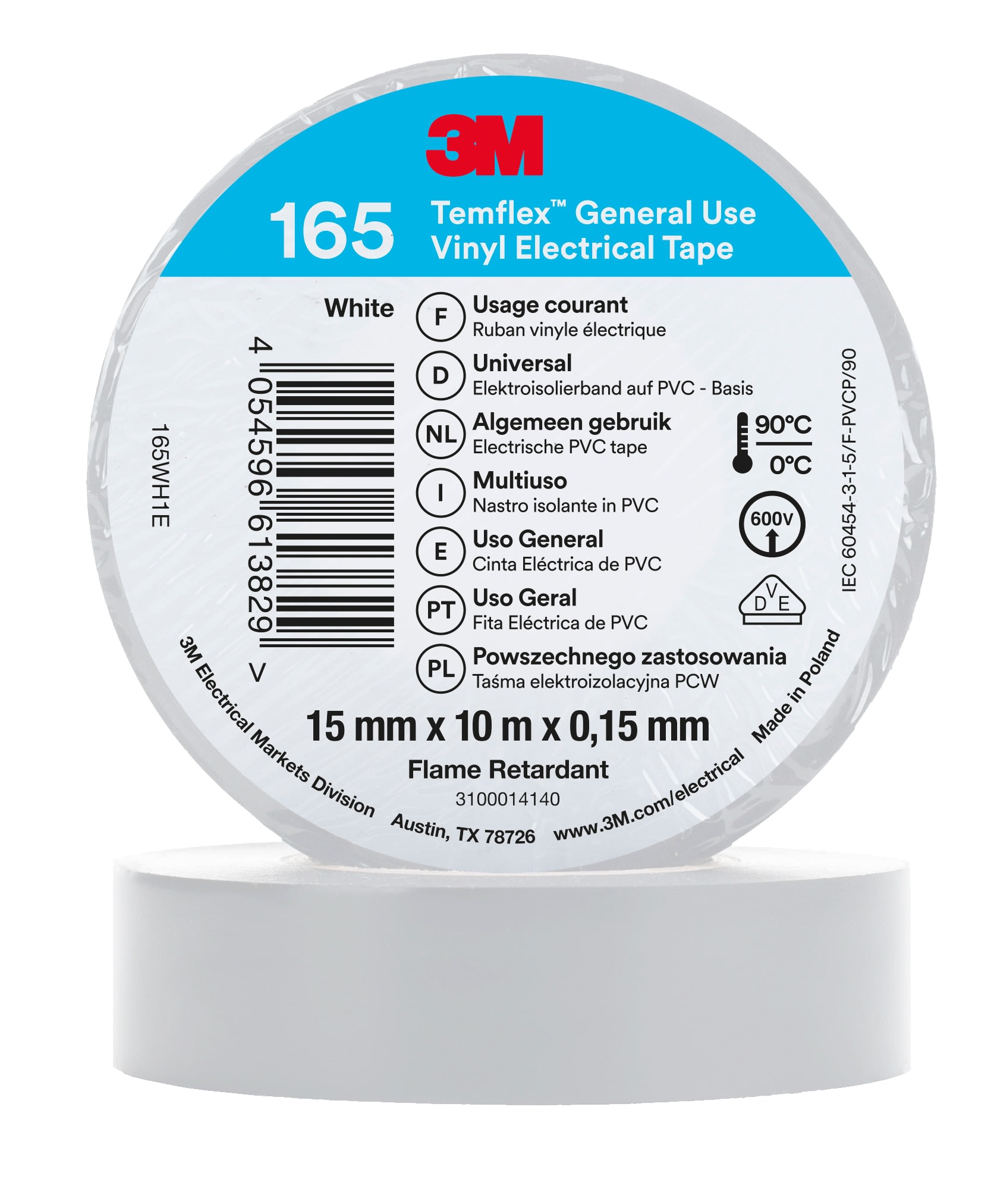 3M - 3M™ Temflex™ 165 Nastro isolante in vinile, Bianco, 15 mm x 10 m