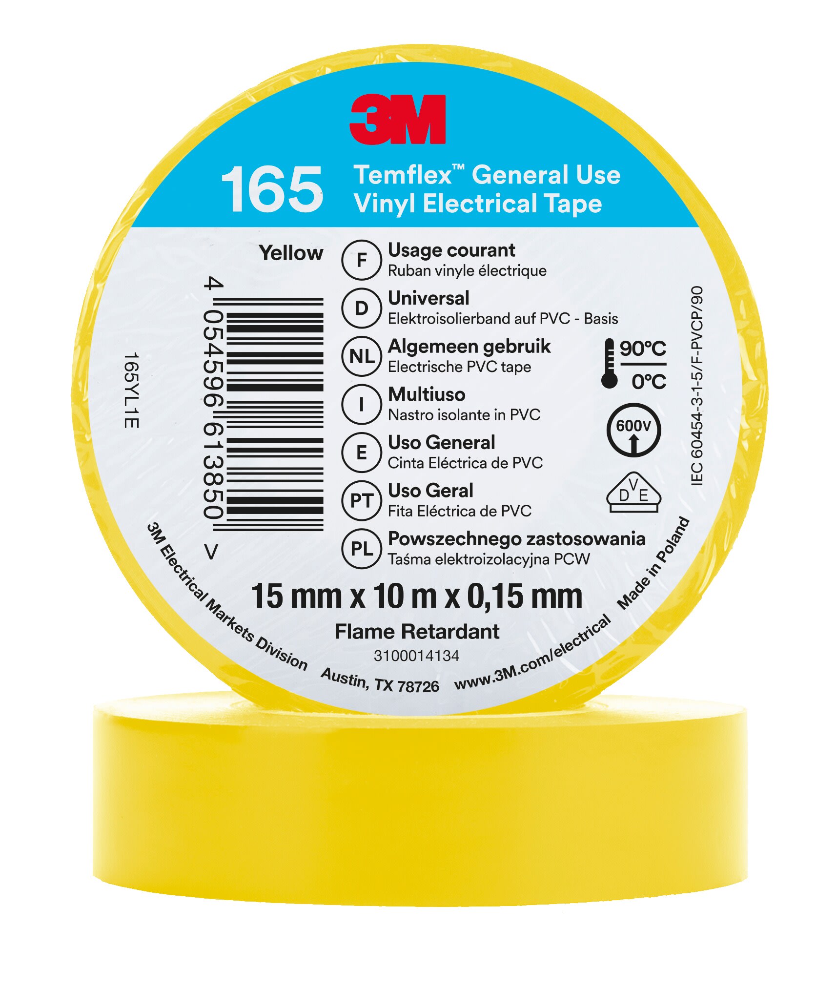 3M - 3M™ Temflex™ 165 Nastro isolante in vinile, Giallo, 15 mm x 10 m