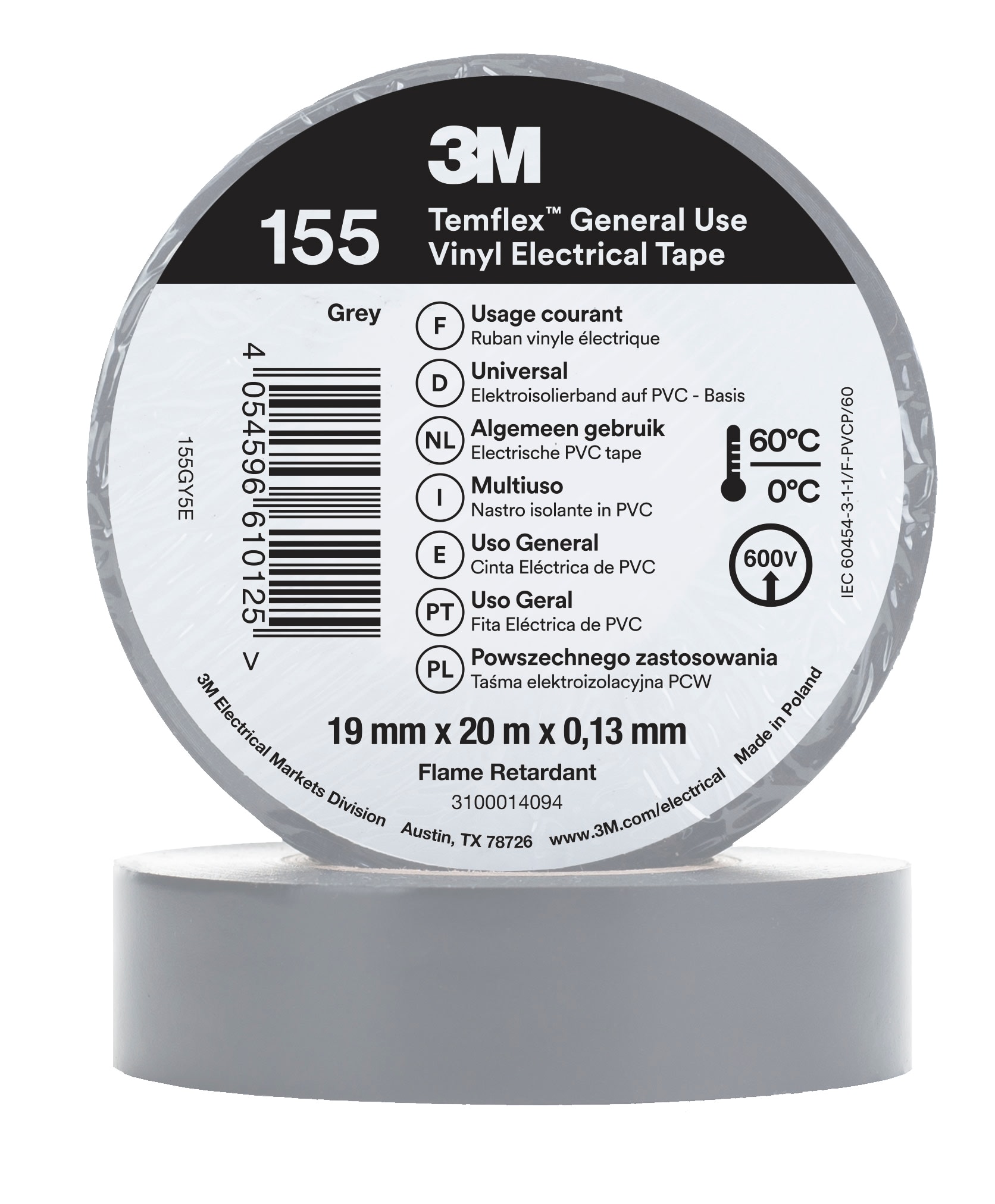 3M - 3M™ Temflex™ Nastro isolante in vinile 155, Grigio, 19 mm x 20 m