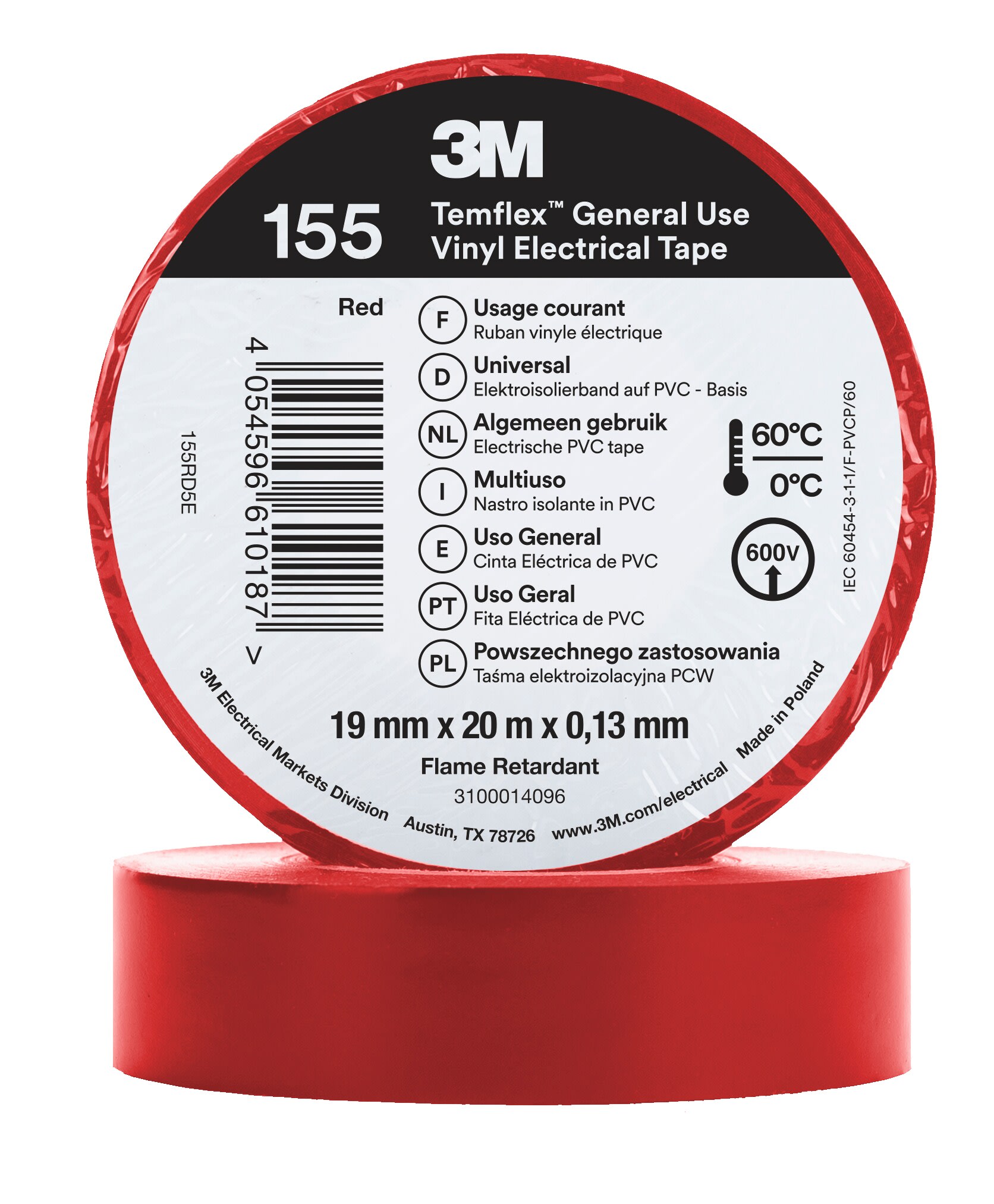 3M - 3M™ Temflex™ Nastro isolante in vinile 155, Rosso, 19 mm x 20 m