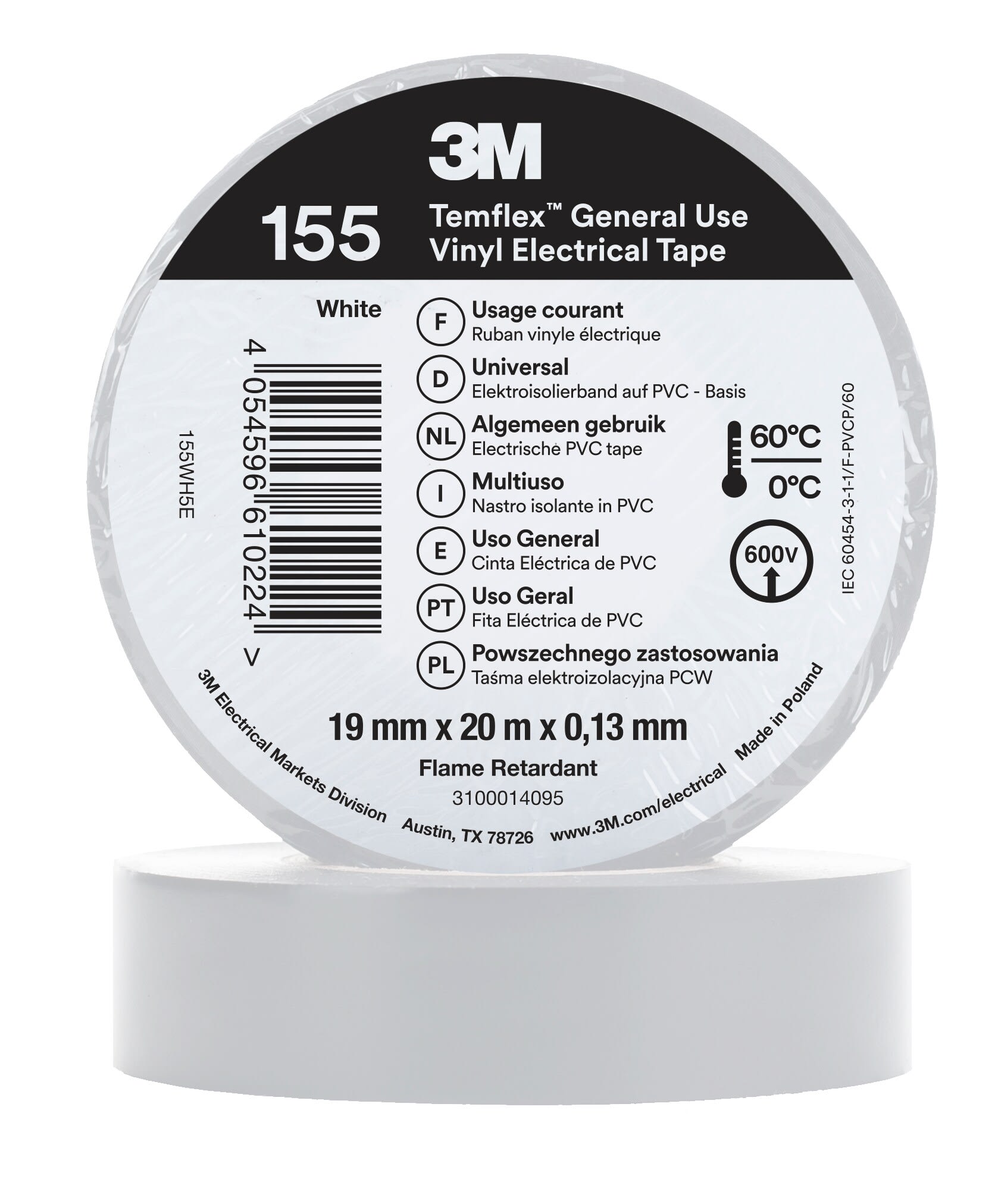3M - 3M™ Temflex™ Nastro isolante in vinile 155, Bianco, 19 mm x 20 m