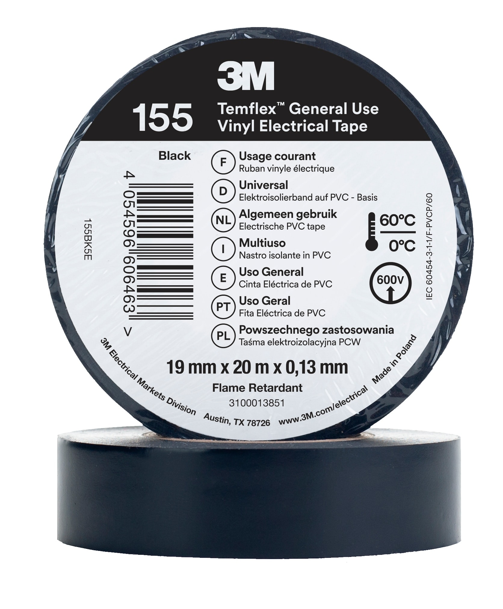 3M - 3M™ Temflex™ Nastro isolante in vinile 155, Nero, 19 mm x 20 m