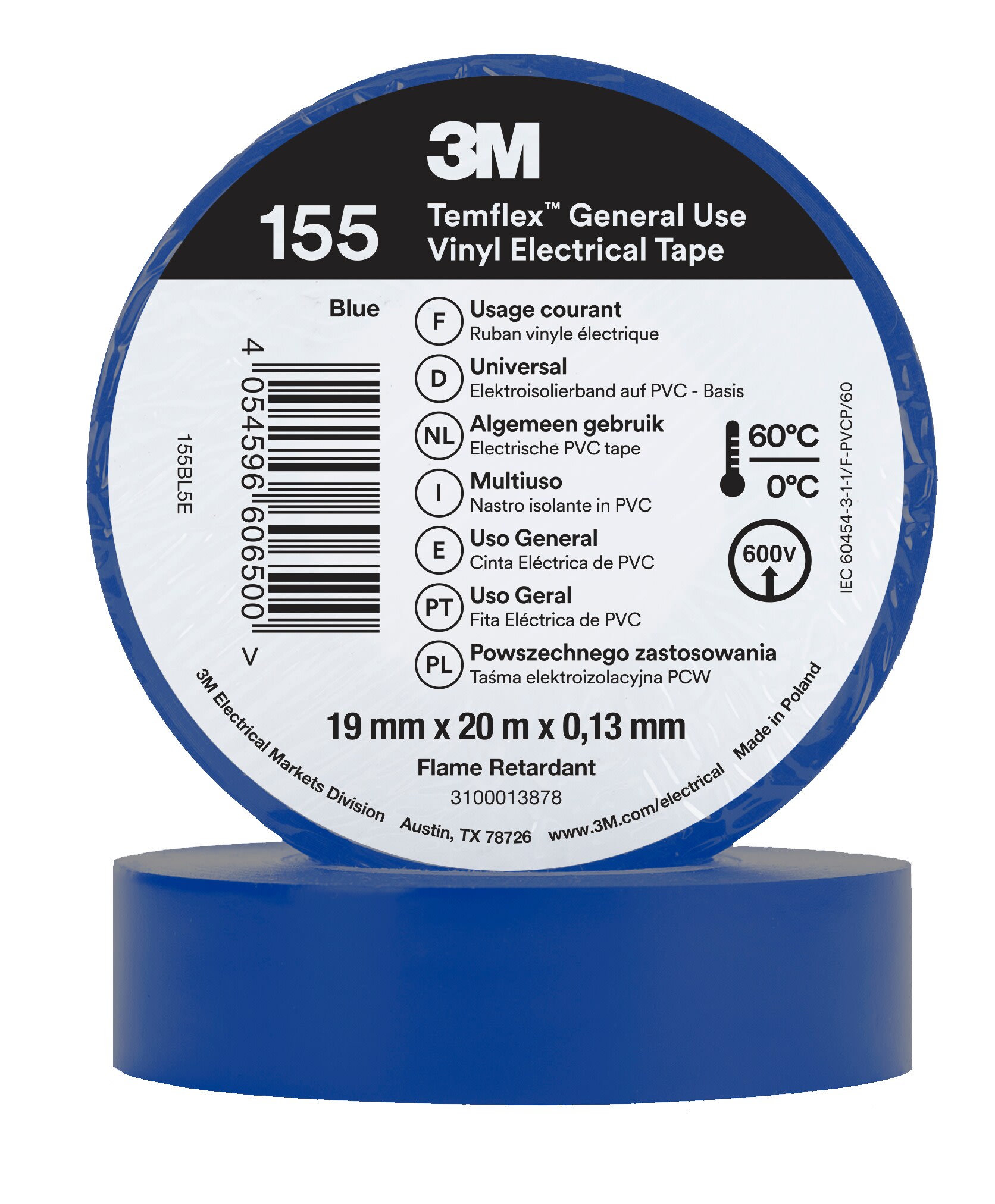 3M - 3M™ Temflex™ Nastro isolante in vinile 155, Blu, 19 mm x 20 m