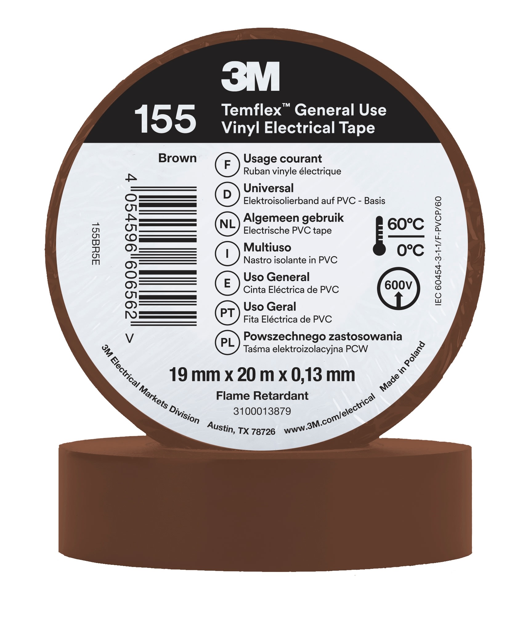 3M - 3M™ Temflex™ Nastro isolante in vinile 155, Marrone, 19 mm x 20 m