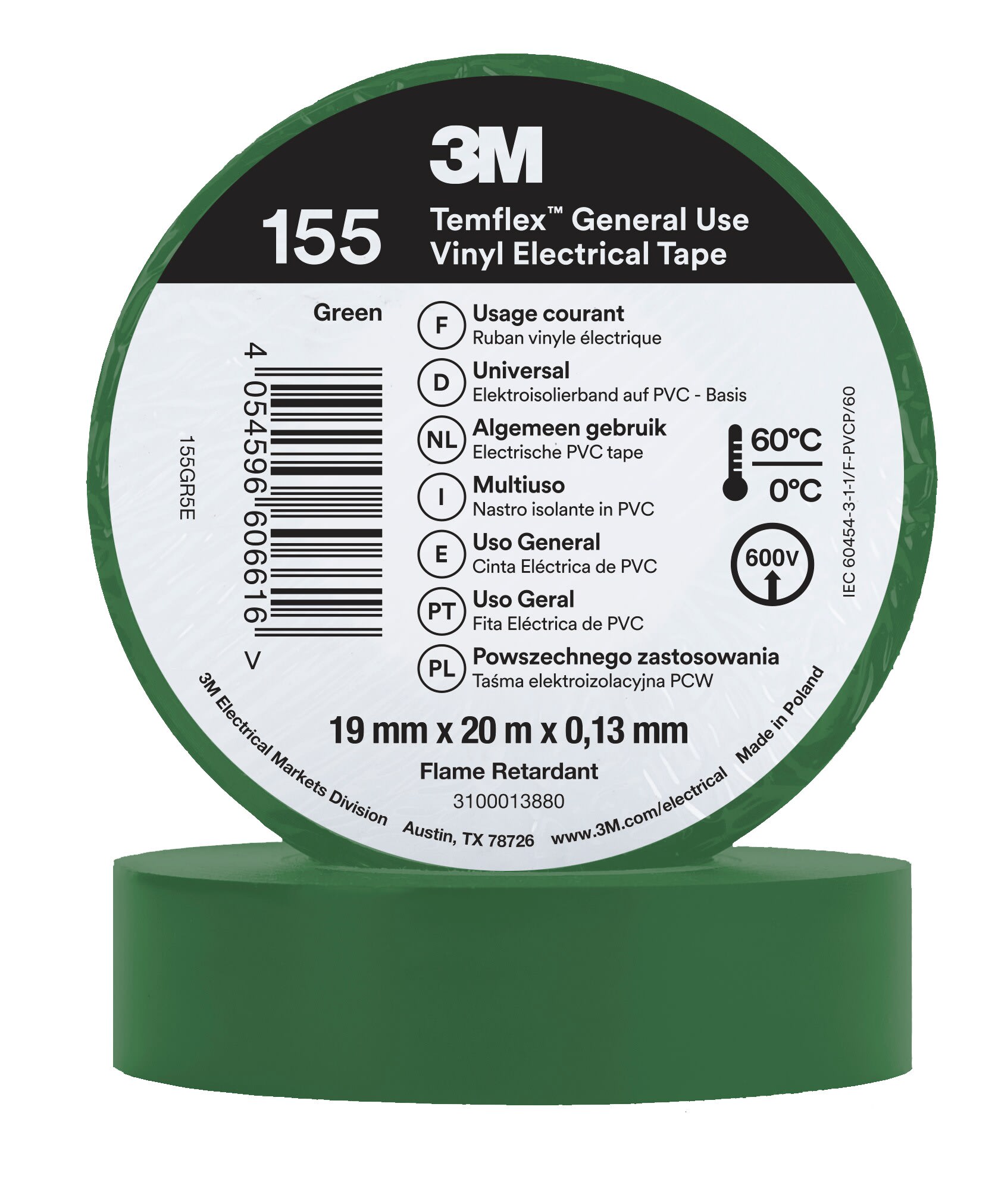 3M - 3M™ Temflex™ Nastro isolante in vinile 155, Verde, 19 mm x 20 m