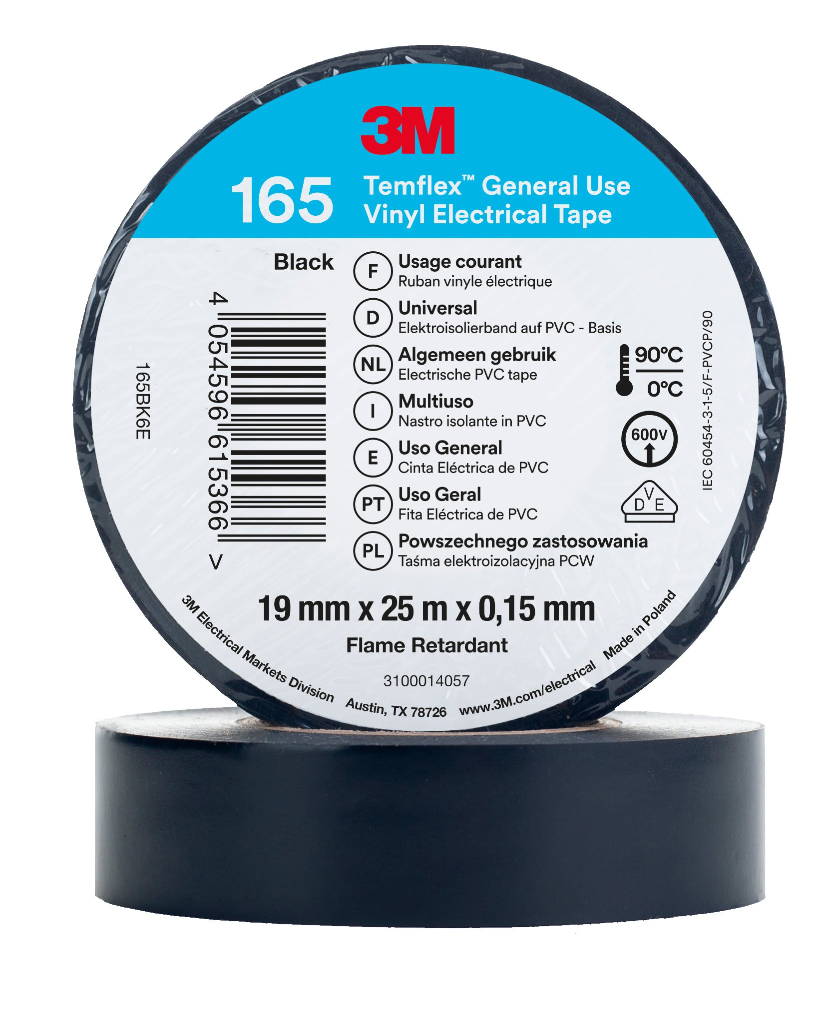 3M - 3M™ Temflex™ 165 Nastro isolante in vinile, Nero, 19 mm x 25 m
