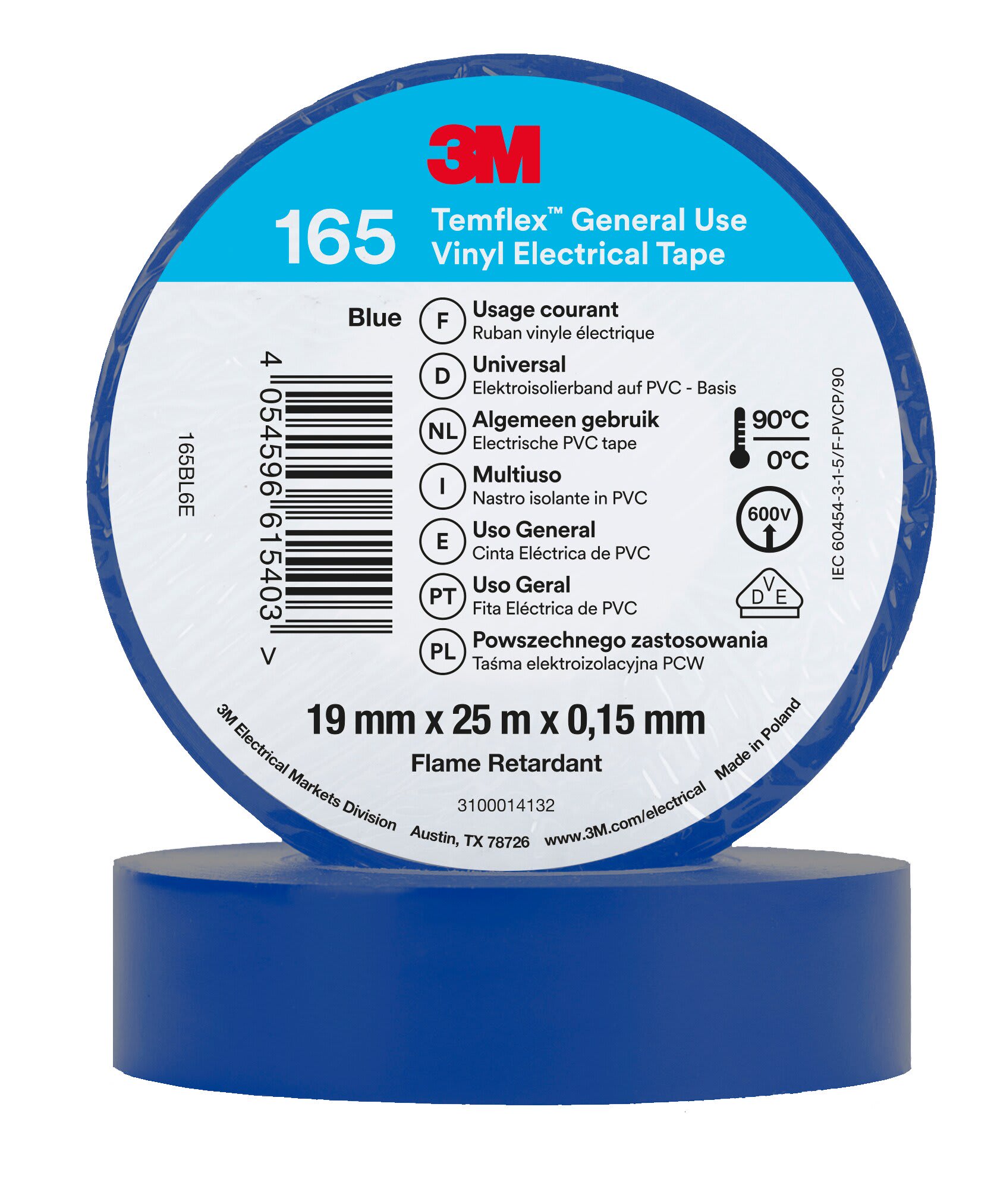 3M - 3M™ Temflex™ 165 Nastro isolante in vinile, Blu, 19 mm x 25 m