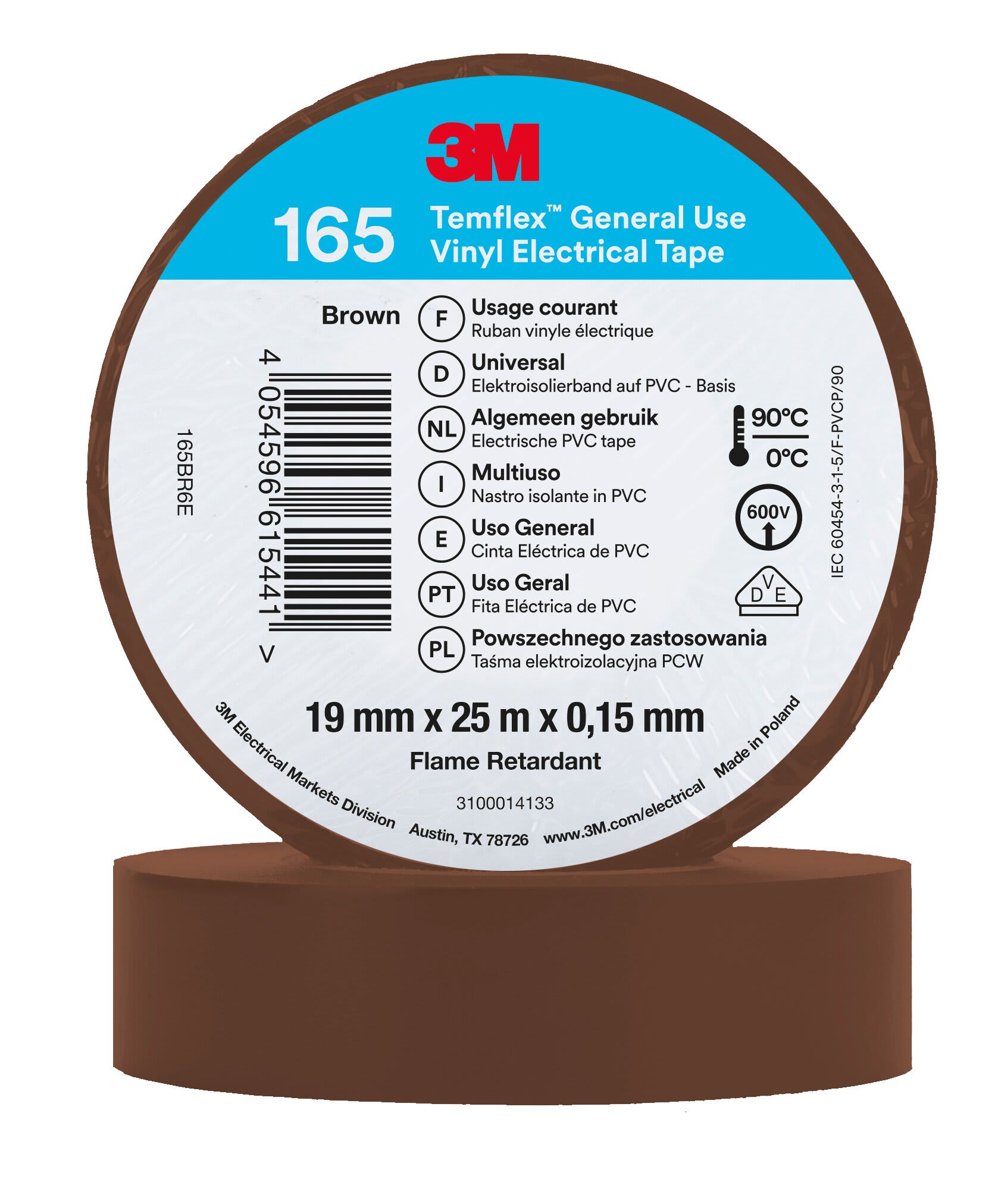 3M - 3M™ Temflex™ 165 Nastro isolante in vinile, Marrone, 19 mm x 25 m