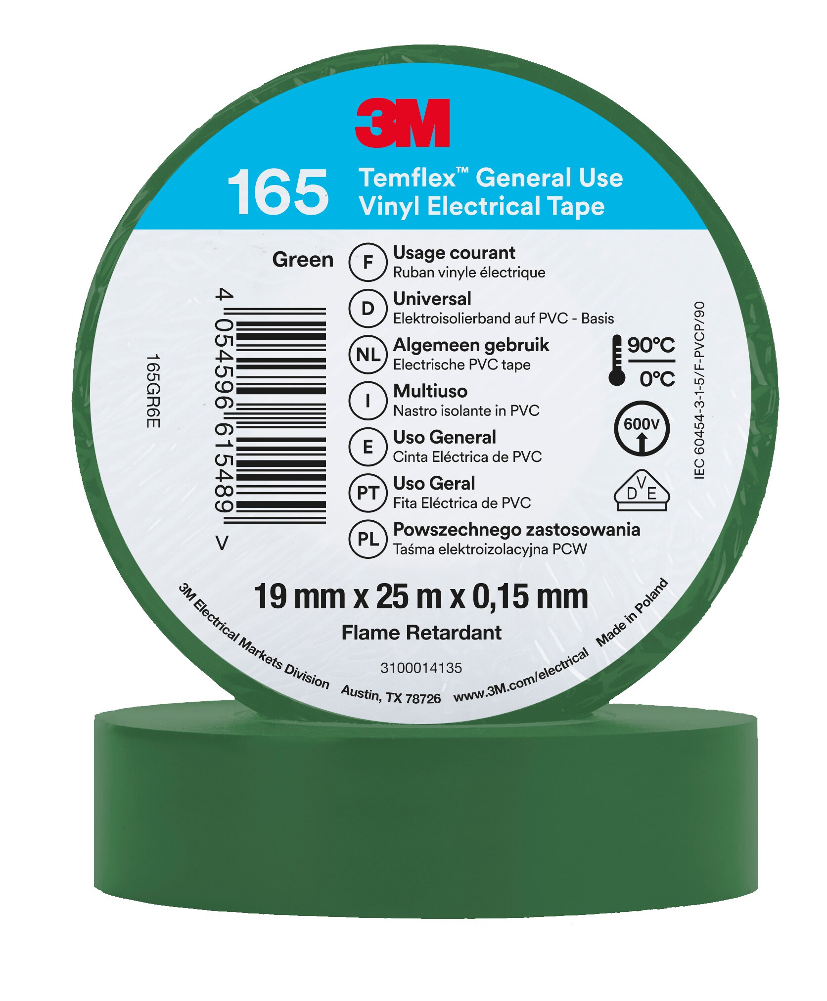 3M - 3M™ Temflex™ 165 Nastro isolante in vinile, Verde, 19 mm x 25 m