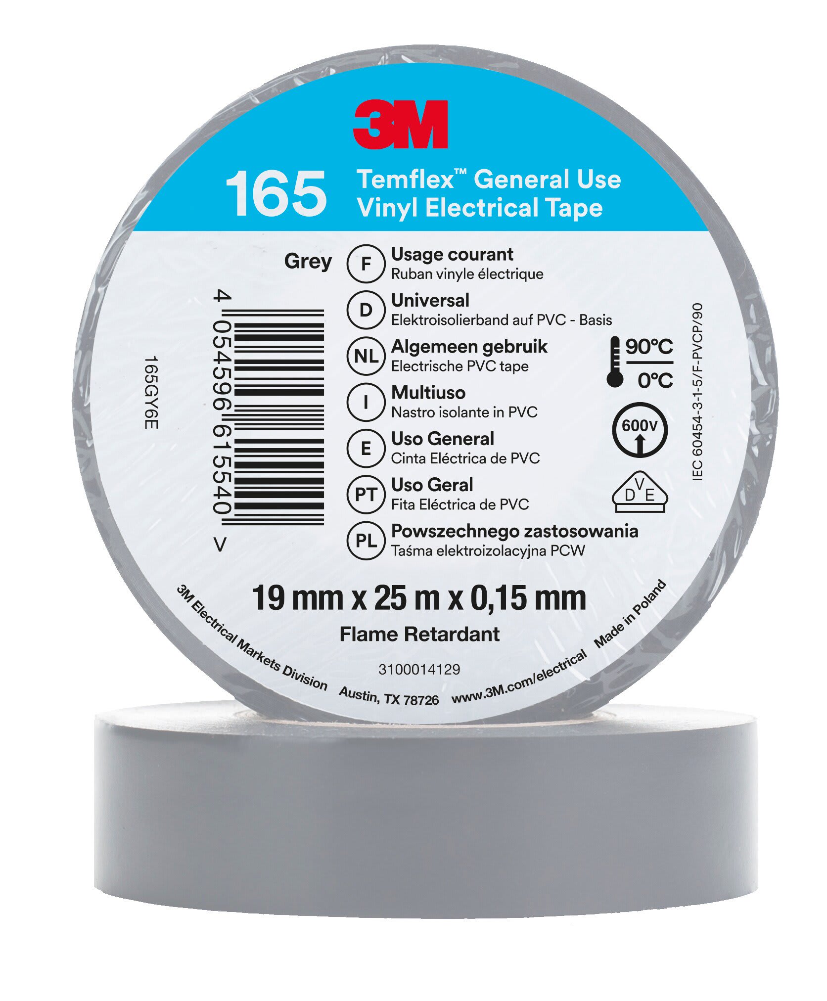 3M - 3M™ Temflex™ 165 Nastro isolante in vinile, Grigio, 19 mm x 25 m