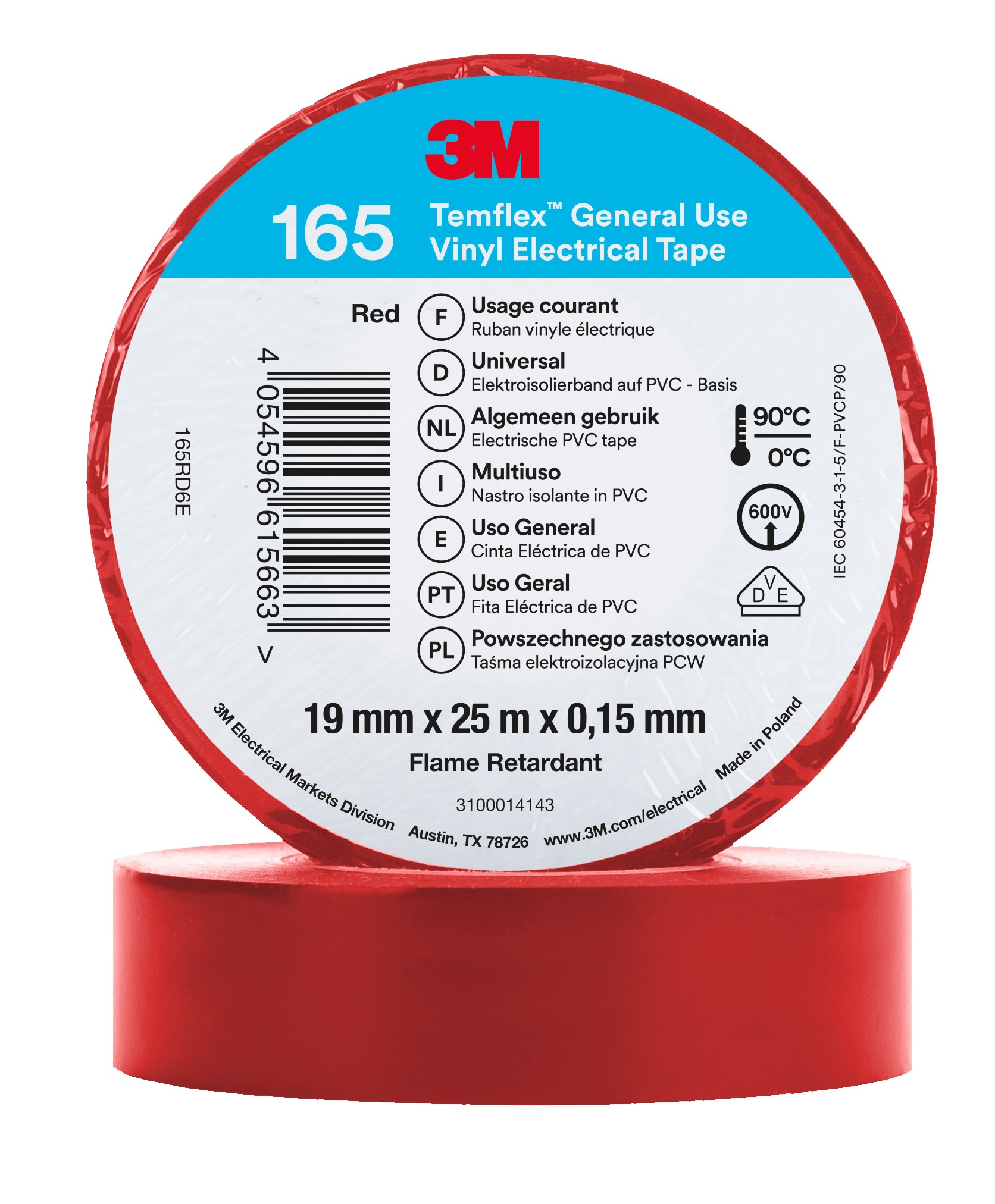 3M - 3M™ Temflex™ 165 Nastro isolante in vinile, Rosso, 19 mm x 25 m