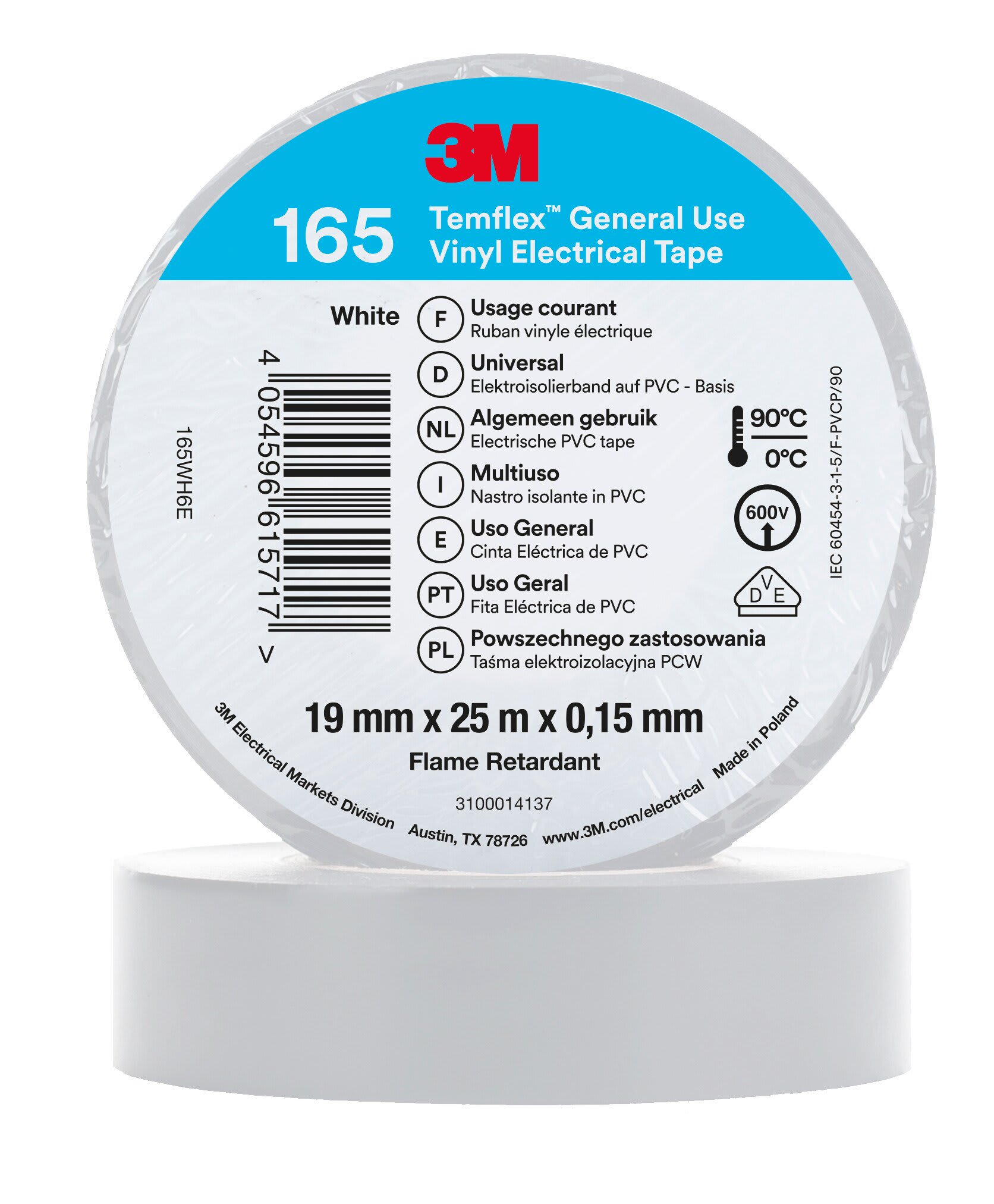 3M - 3M™ Temflex™ 165 Nastro isolante in vinile, Bianco, 19 mm x 25 m