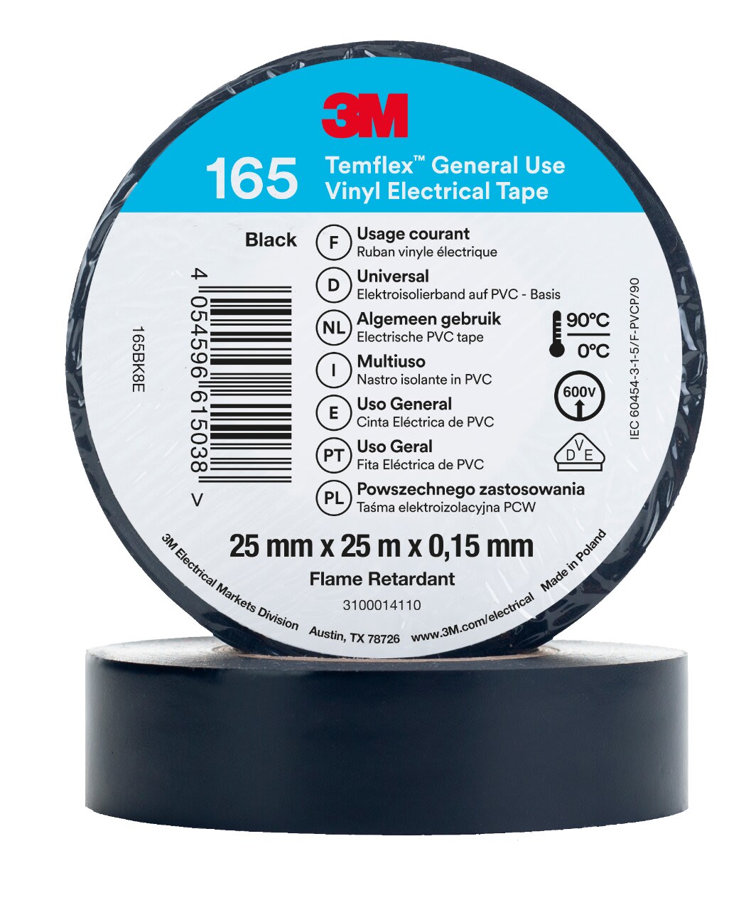 3M - 3M™ Temflex™ 165 Nastro isolante in vinile, Nero, 25 mm x 25 m