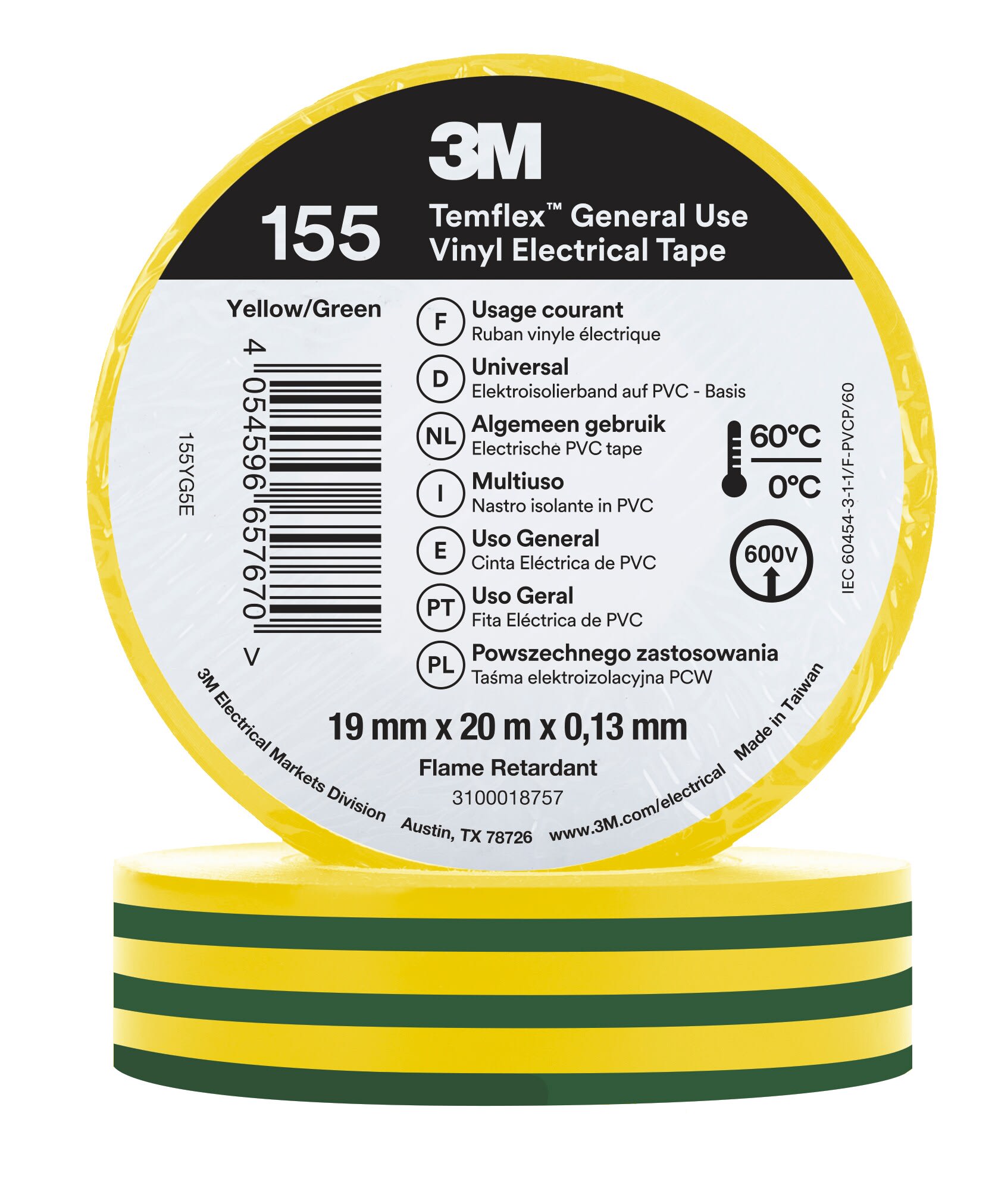 3M - 3M™ Temflex™ Nastro isolante in vinile 155, Verde/Giallo, 19 mm x 20 m