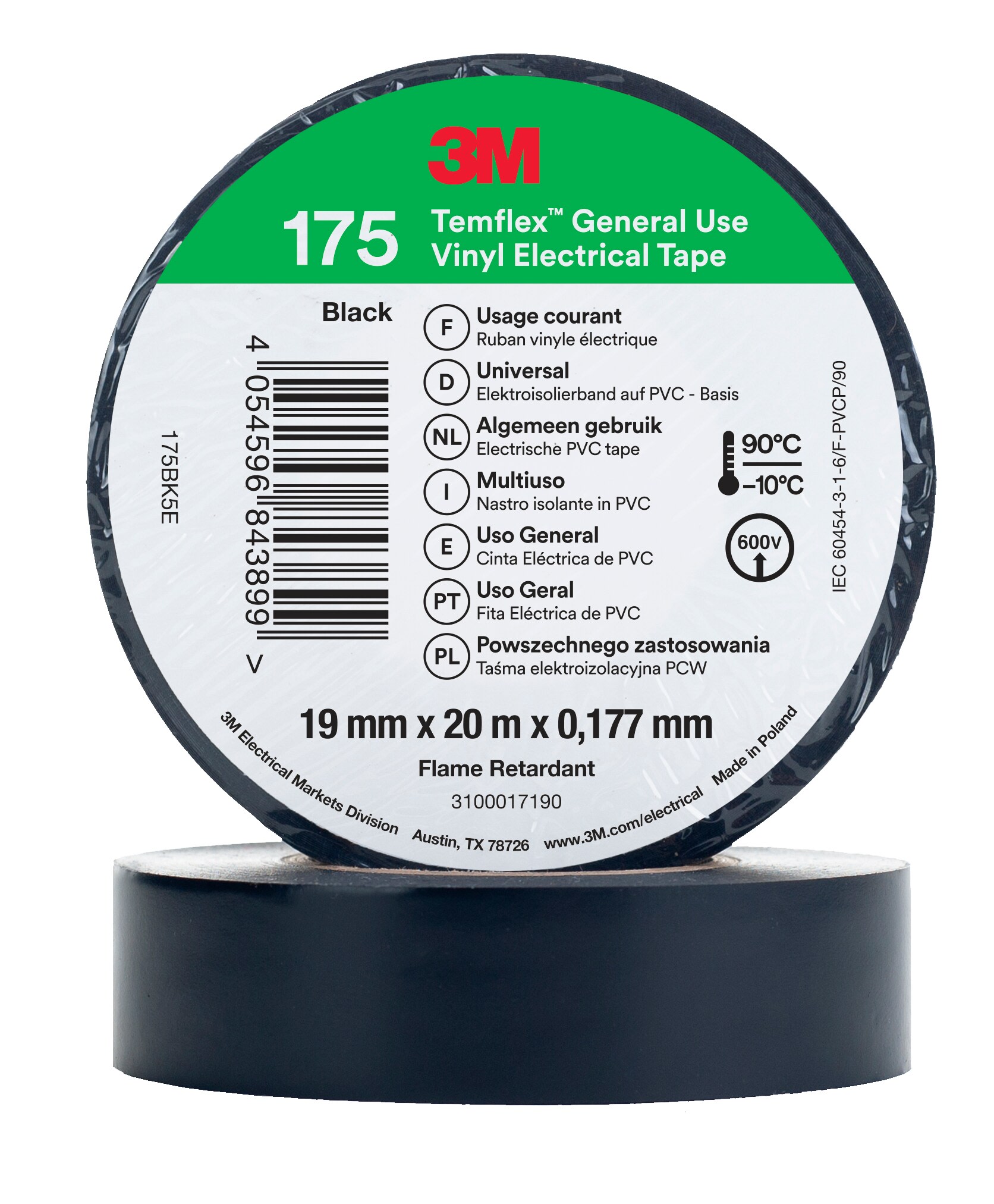 3M - 3M™ Temflex™ Nastro isolante in vinile 175, Nero, 19 mm x 20 m