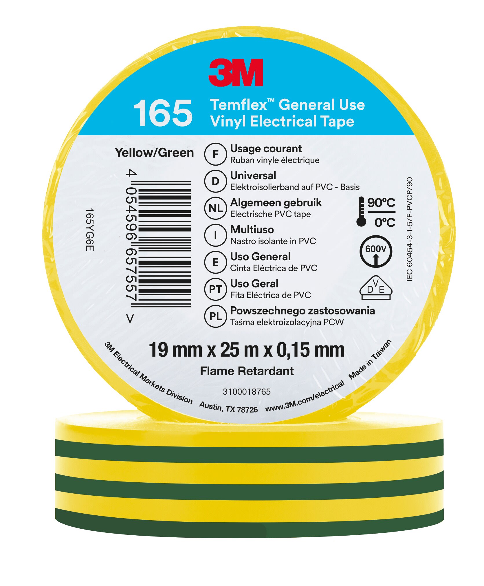 3M - 3M™ Temflex™ 165 Nastro isolante in vinile, Verde/Giallo, 19 mm x 25 m 7100222494