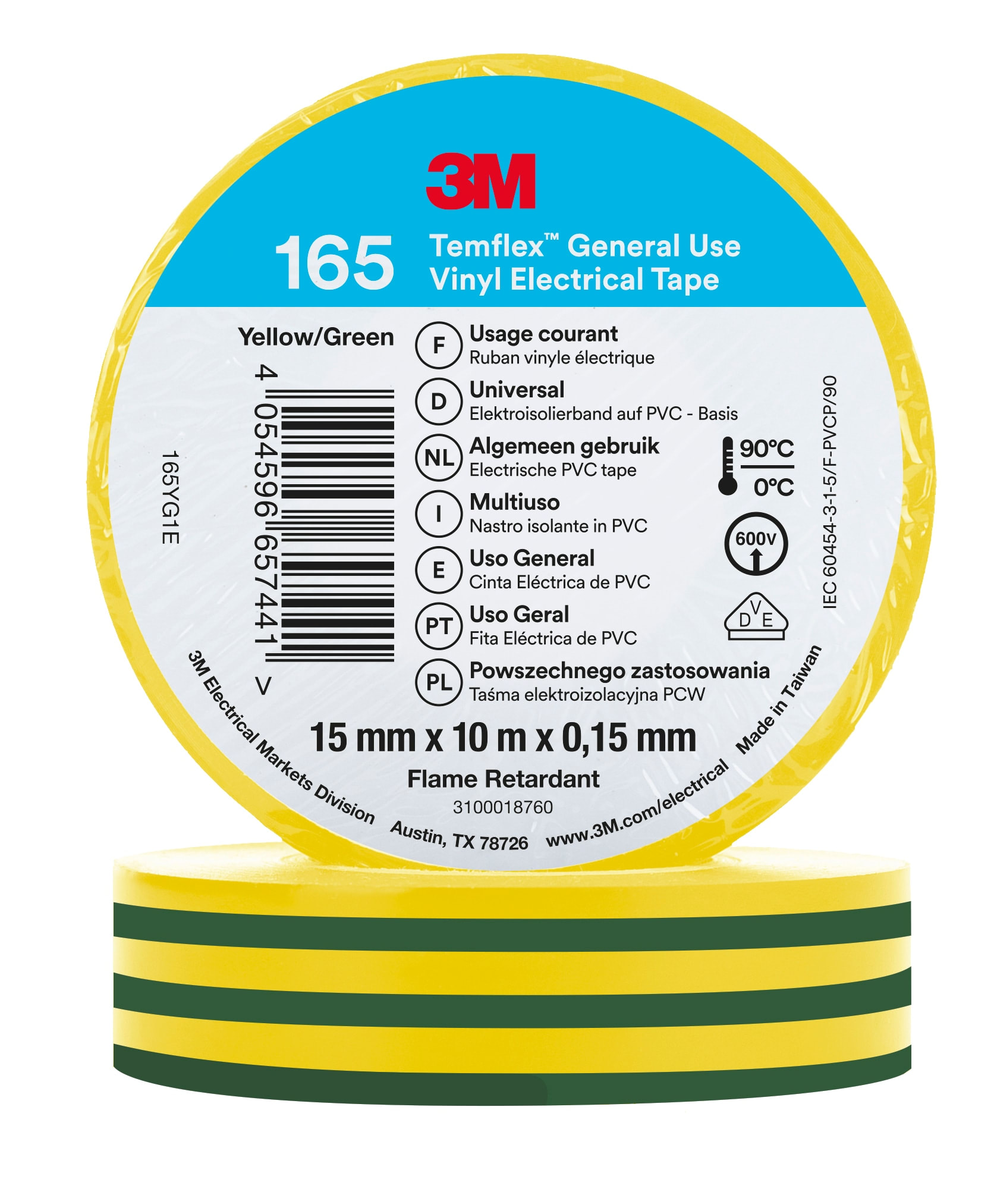 3M - 3M™ Temflex™ 165 Nastro isolante in vinile, Verde/Giallo, 15 mm x 10 m
