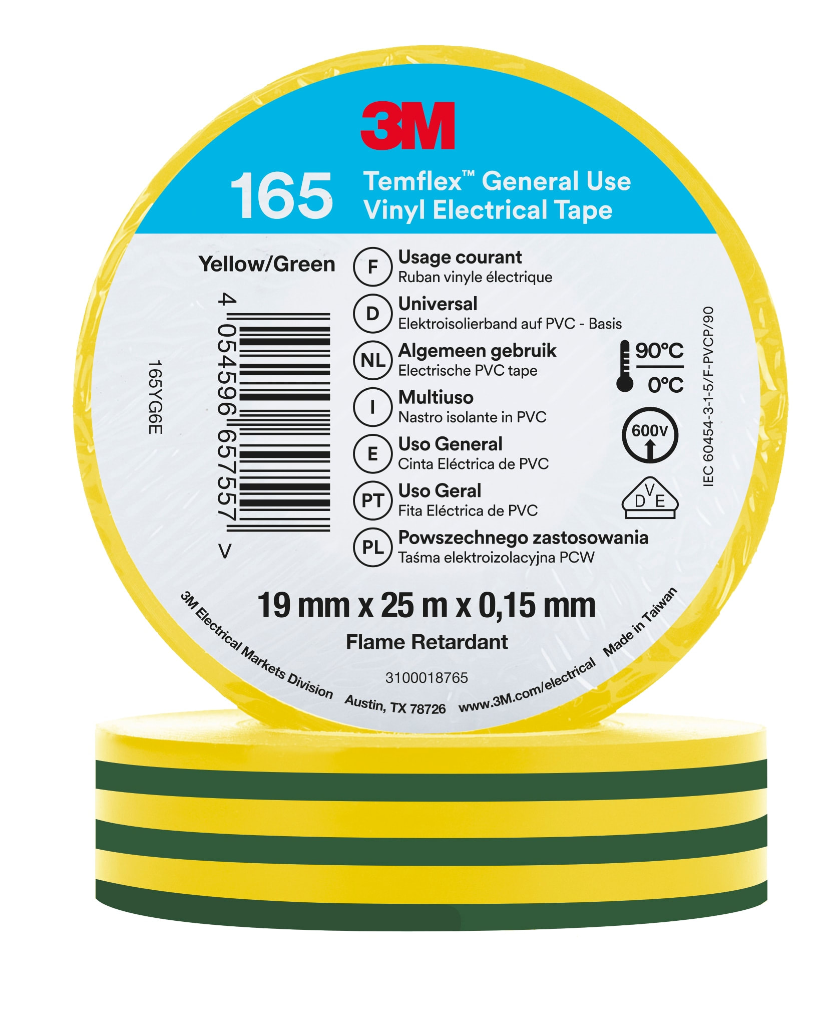 3M - 3M™ Temflex™ 165 Nastro isolante in vinile, Verde/Giallo, 19 mm x 25 m