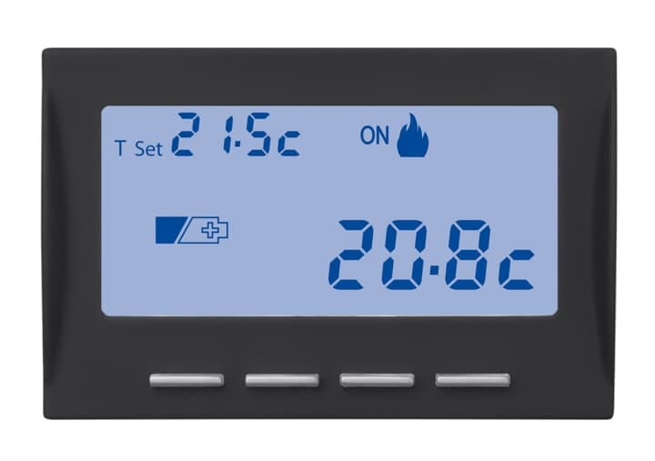 ABB - Electronic time-programmable thermostat with LCD display, day/week programming, summer/winter function, 3 modules, powered by 1.5V AA battery - Black Mylos CRONOTERMOSTATO. 2CSY1201MS