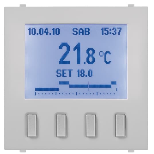 ABB - Electronic time-programmable thermostat with LCD display, day/week programming, summer/winter function, 230V~ 50/60Hz power supply, Button Heater 0gang, Clear white - Mylos CRONOTERMOSTATO 2 MODULI. 2CSY1201XC