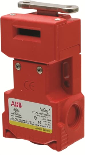 ABB - Safety interlock switch with plastic body and head, 40N holding force, MKEY5+ for enhanced security.