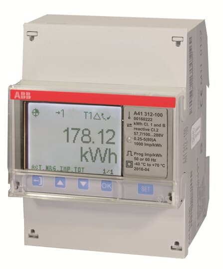 ABB - Electricity meter A41 312-100 with RS485 communication interface for advanced data monitoring and analysis.