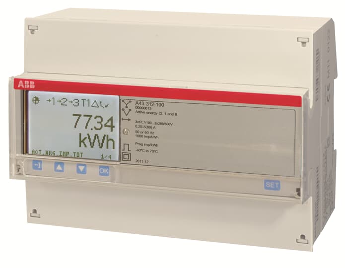 ABB - Electricity meter A43 312-100 RS485: misura l'energia elettrica con precisione e trasmette i dati tramite RS485.