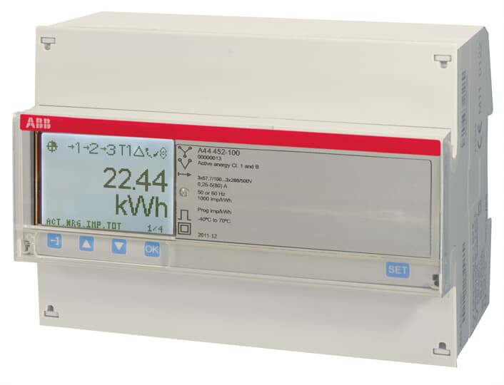 ABB - Electricity meter A44 452-100 with RS485 connectivity for advanced monitoring capabilities.
