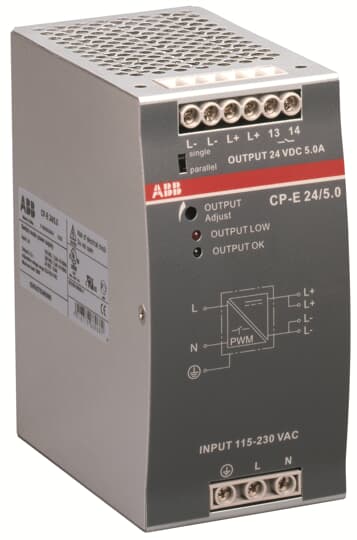 ABB - CP-E 24/5.0: alimentatore switching con ingresso 115/230VAC e uscita 24VDC/5A.