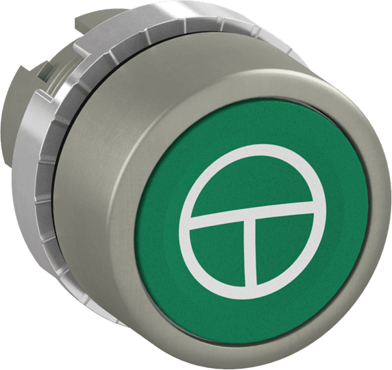 ABB - Pulsante verde a filo, non-illuminato, con simbolo ISO "Start/Stop" marcato.