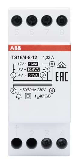 ABB - TS16/4-8-12 TRASFORMATORE 16VA 4-8-12V Non-inherently short-circuit proof bell transformer.
