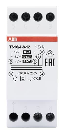 ABB - TS16/4-8-12 TRASFORMATORE 16VA 4-8-12V Non-inherently short-circuit proof bell transformer.