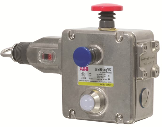 ABB - Pull wire emergency stop switch right hand, 4NC+2NO, M20, ESTOP and LED, stainless steel, LINESTRONG3RZ.