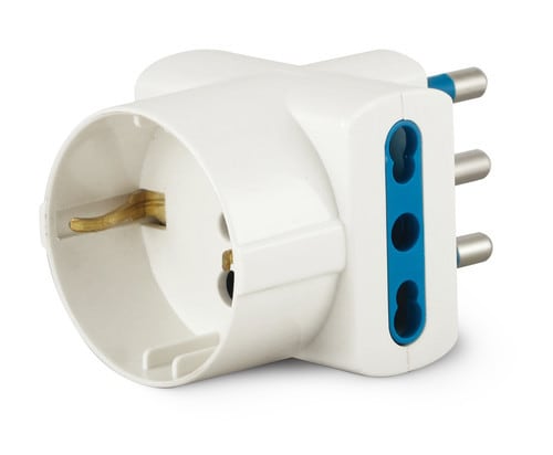 ALPHA ELETTRONICA - Adattatore da spina 3 poli 16A a 2 prese bipasso e 1 presa Universale Italia P40 - H corpo spina 10mm