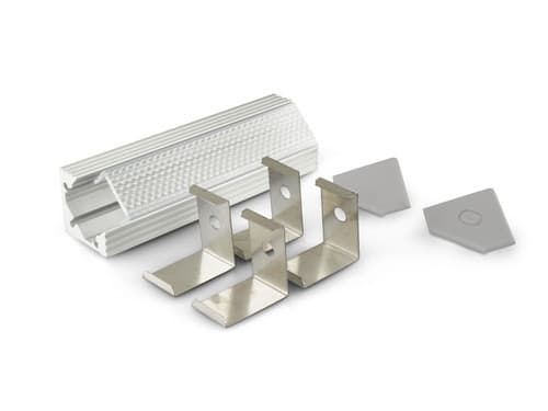 ALPHA ELETTRONICA - Profilo in alluminio anodizzato argento ad angolo con copertura prismata trasparente piana - 2m - Accessori inclusi