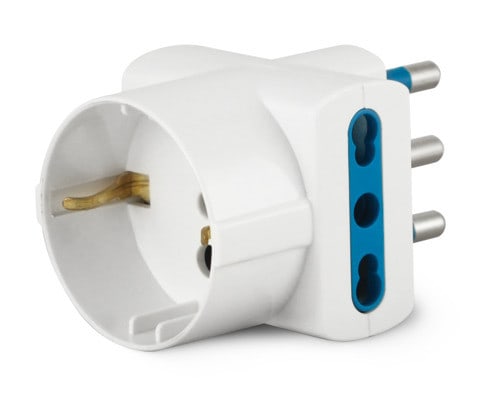 ALPHA ELETTRONICA - Adattatore da spina 3 poli 16A a 2 prese bipasso e 1 presa Universale Italia P40 - H corpo spina 10mm