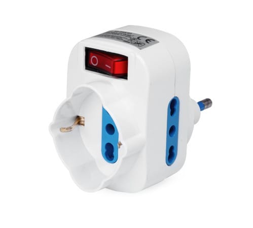 ALPHA ELETTRONICA - Adattatore rotante con 2 prese bipasso e 1 presa Universale Italia P40 con spina 10A girevole - Con interruttore luminoso
