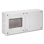 AVE - Box da parete per installazioni elettriche, compatibile con sistemi 3M, grado di protezione IP55, include piastra cieca S45 per una maggiore sicurezza e versatilità.