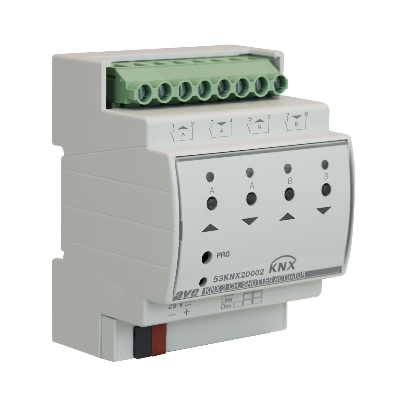 AVE - Attuatore KNX 2 canali per tapparelle, 4 moduli DIN, ideale per controllo efficiente.
