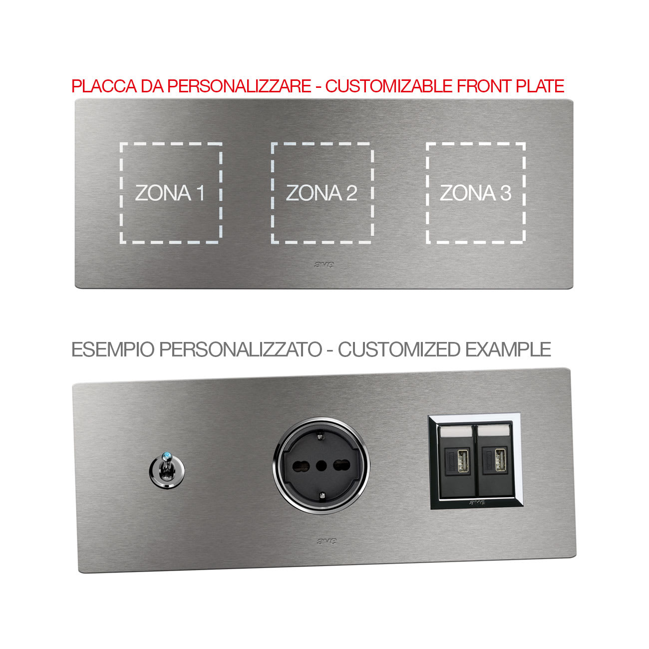 AVE - Placca Vera44 Alluminio. S44 personalizzabile colore alluminio naturale  2+2+2 Mod.