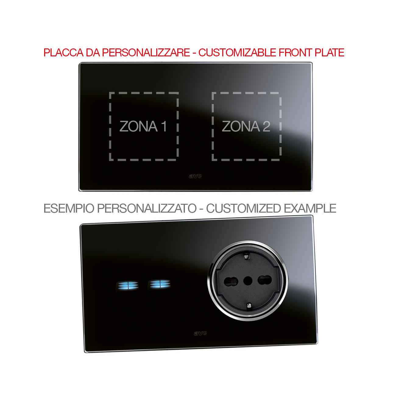 AVE - Placca Vera 44. personalizzabile in vetro colore nero assoluto finitura lucida fornita con cornicetta 4(2+2) Mod.