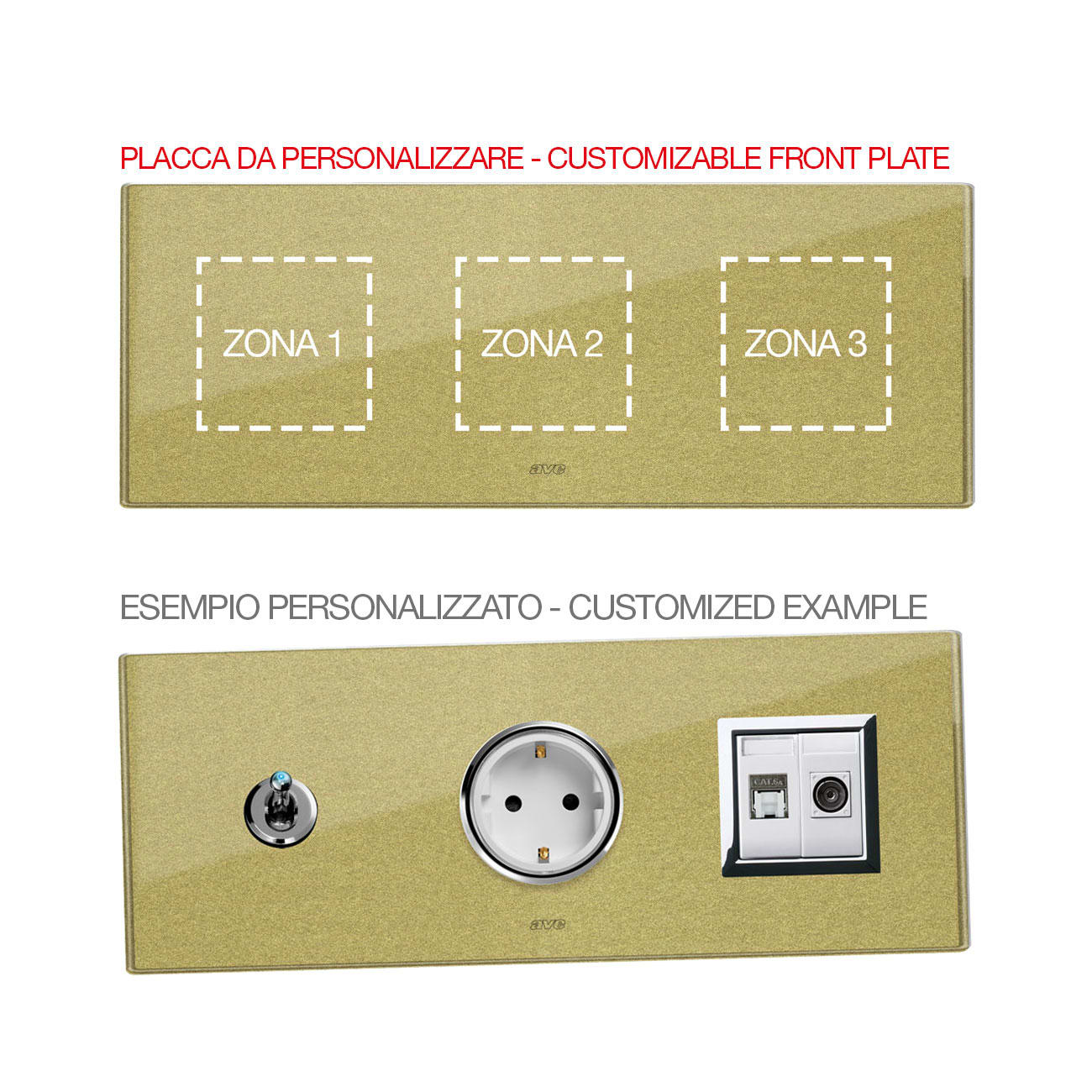 AVE - Placca Vera 44. personalizzabile in vetro colore oro finitura lucida  fornita con cornicetta  6(2+2+2) Mod. 44PV26GOLD-XX