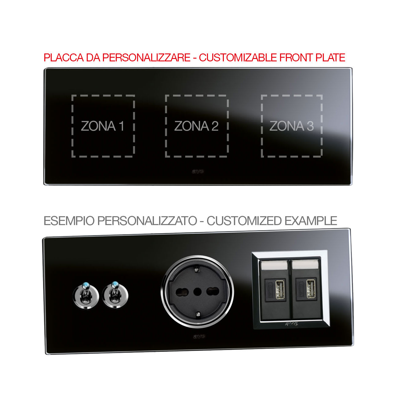 AVE - Placca Vera 44. personalizzabile in vetro colore nero assoluto finitura lucida  fornita con cornicetta  6(2+2+2) Mod.