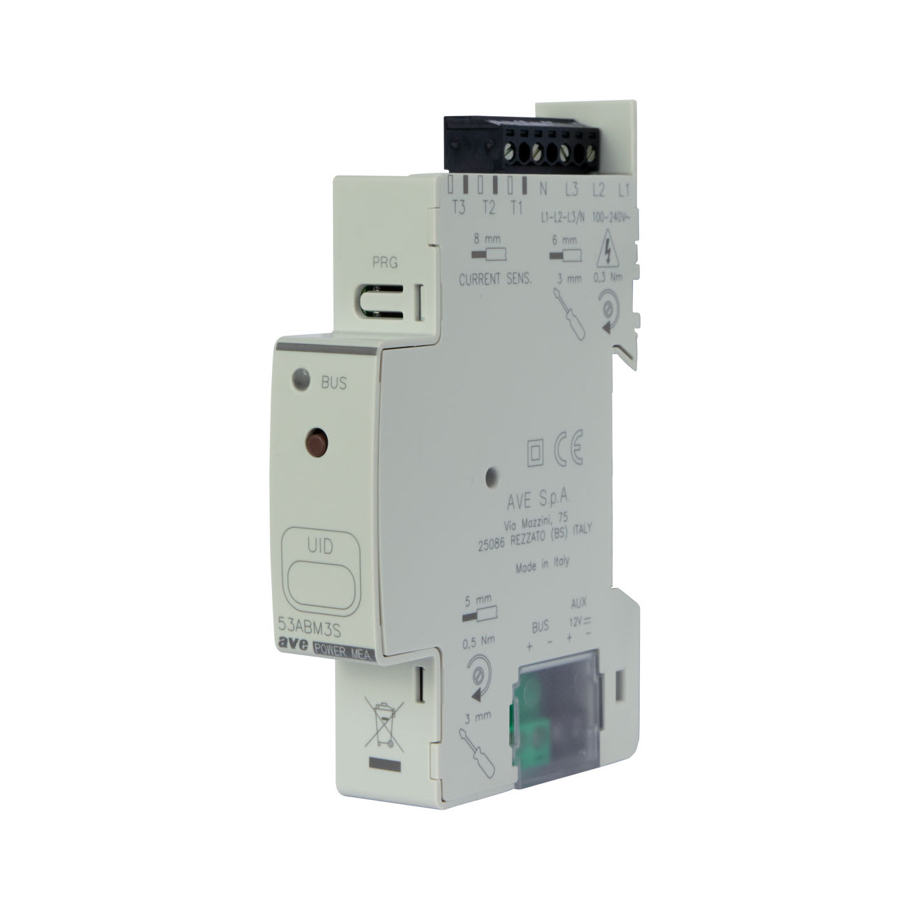 AVE - MODULO MISURATORE DI ENERGIA CON TRE INGRESSI PER SENSORE DI CORRENTE  AVEBUS  1 MOD DIN